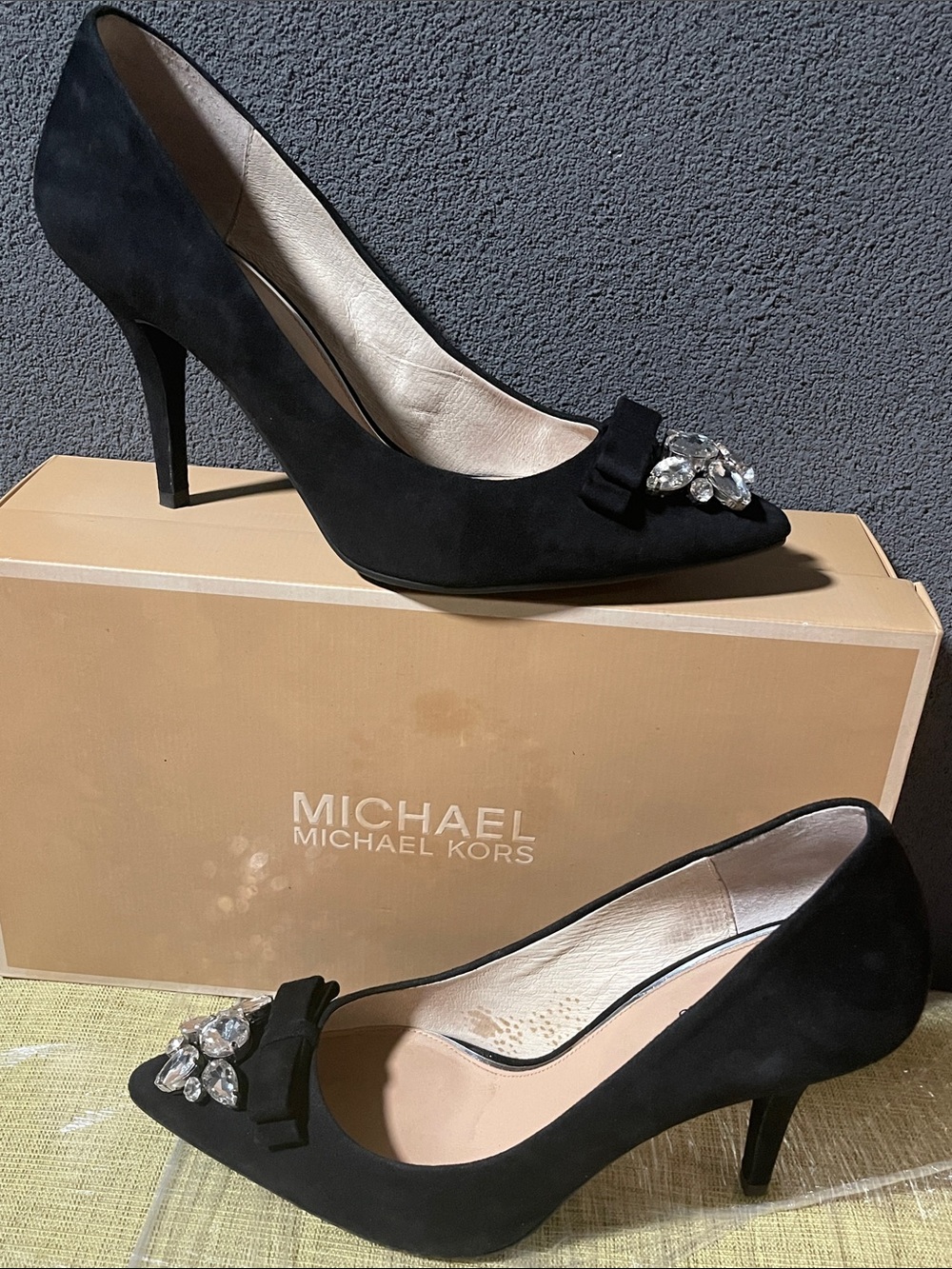 Michael Kors Black Suede Felicity Pump Heels with Crystal Bow